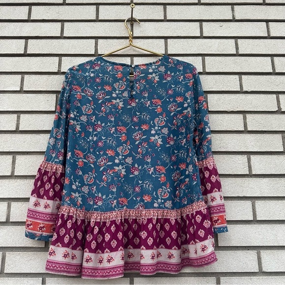 Beach Lunch Lounge Blue Boho Floral Bell Sleeve Peasant Top Block Print Rayon - Picture 5 of 9